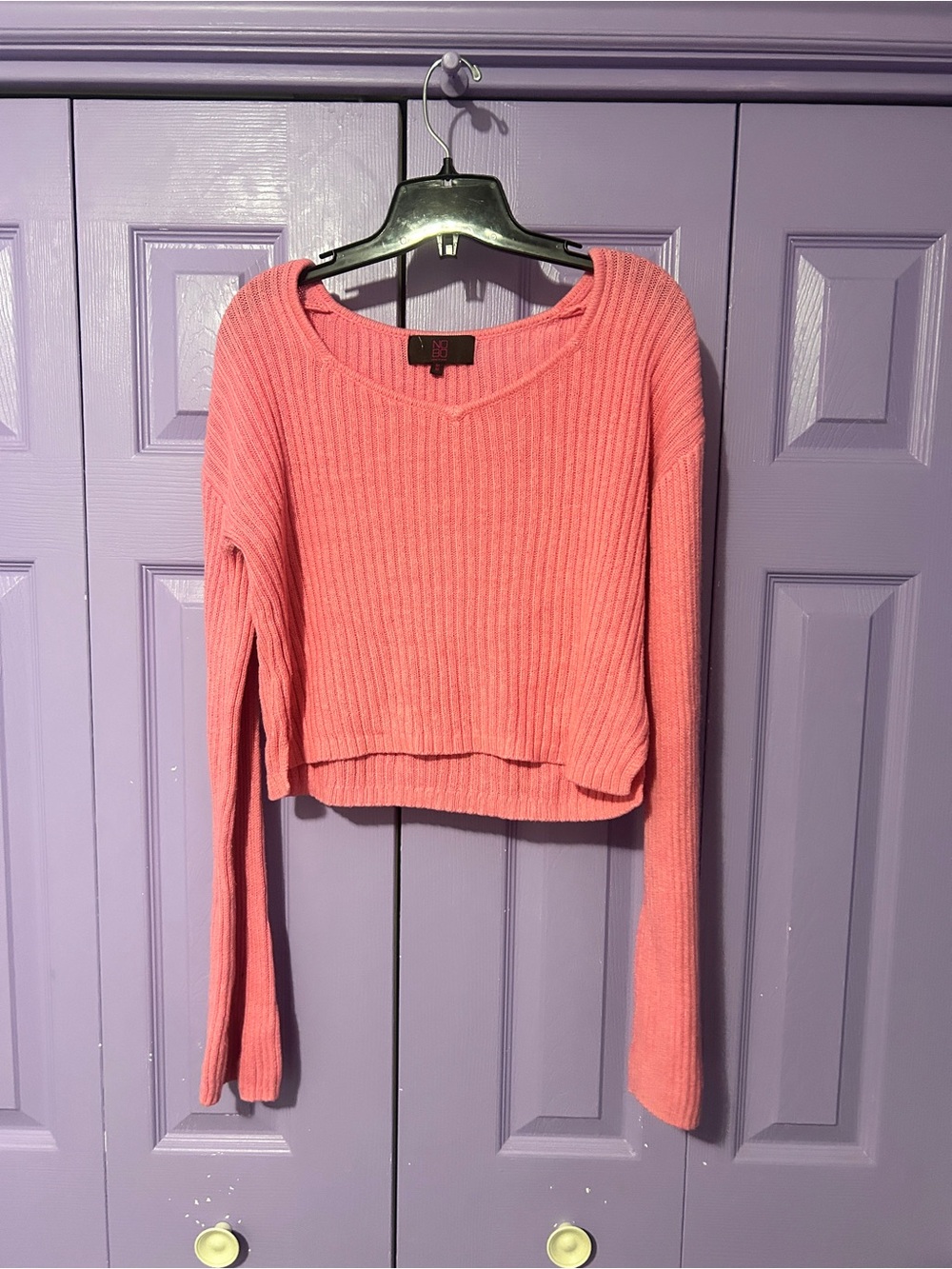 NOBO Coral Pink Ribbed V-Neck Cropped Sweater